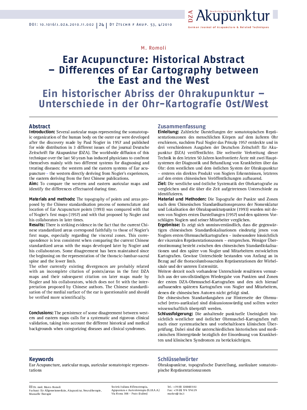 Ear Acupuncture: Historical Abstract – Differences of Ear Cartography between the East and the West