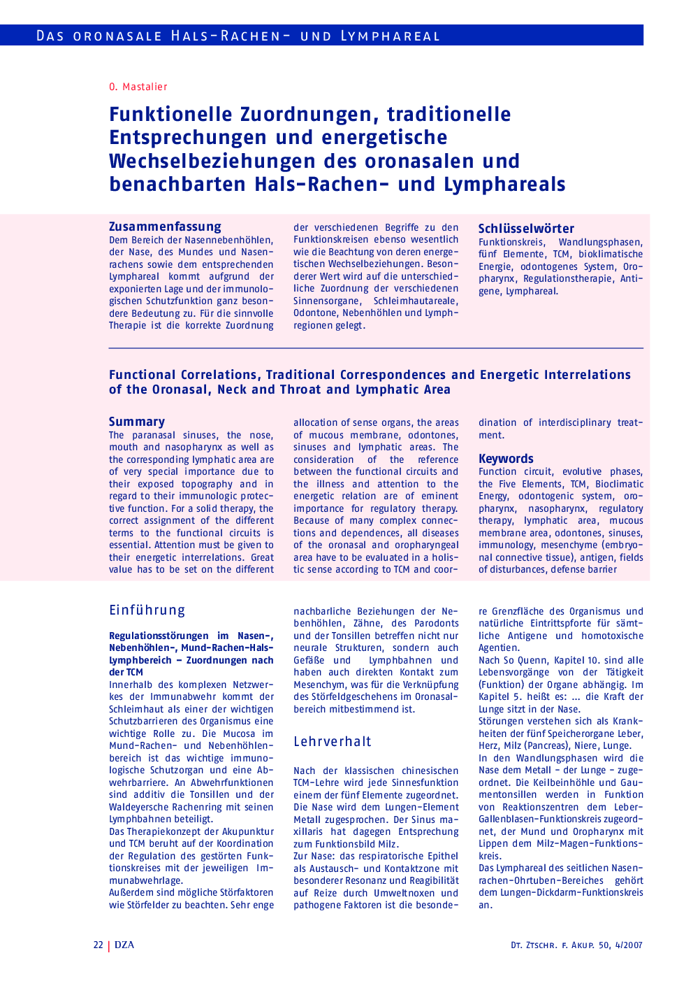 Funktionelle Zuordnungen, traditionelle Entsprechungen und energetische Wechselbeziehungen des oronasalen und benachbarten Hals-Rachen- und Lymphareals