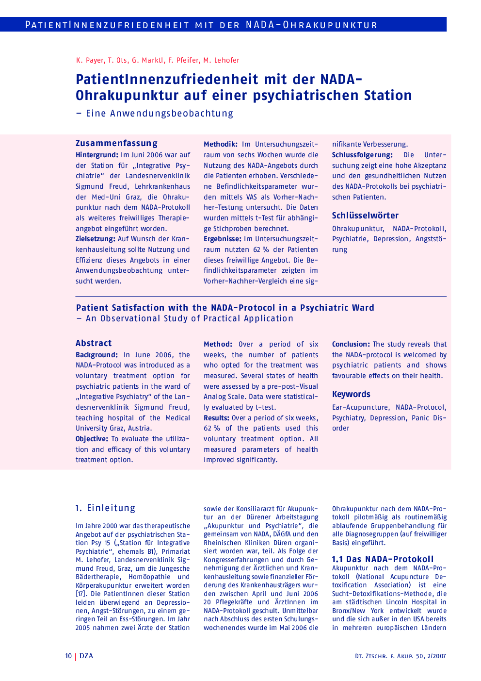 PatientInnenzufriedenheit mit der NADA-Ohrakupunktur auf einer psychiatrischen Station – Eine1 Anwendungsbeobachtung