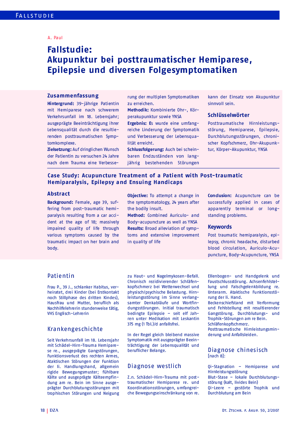 Fallstudie: Akupunktur bei posttraumatischer Hemiparese, Epilepsie und diversen Folgesymptomatiken