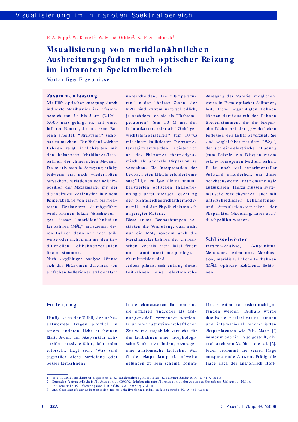 Visualisierung von meridianähnlichen Ausbreitungspfaden nach optischer Reizung im infraroten Spektralbereich – Vorläufige Ergebnisse