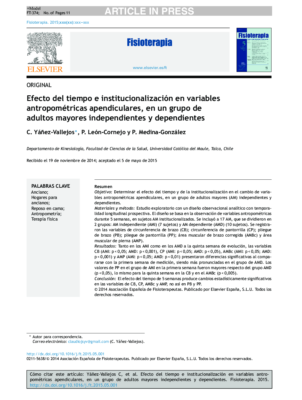 Efecto del tiempo e institucionalización en variables antropométricas apendiculares, en un grupo de adultos mayores independientes y dependientes