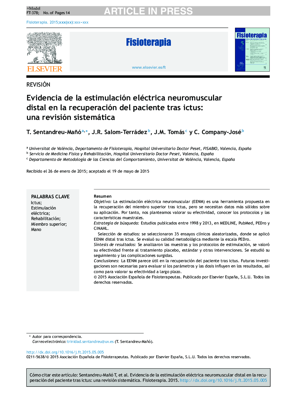 Evidencia de la estimulación eléctrica neuromuscular distal en la recuperación del paciente tras ictus: una revisión sistemática