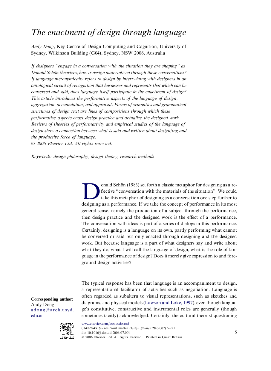 عکس صفحه اول مقاله: The enactment of design through language The enactment of design through language