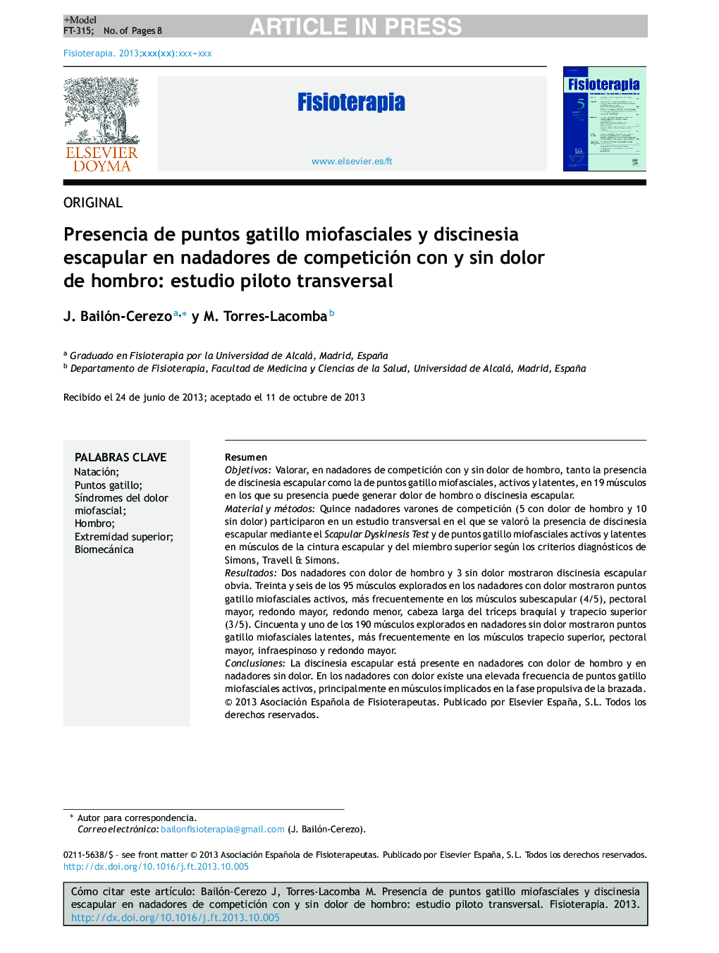 Presencia de puntos gatillo miofasciales y discinesia escapular en nadadores de competición con y sin dolor de hombro: estudio piloto transversal