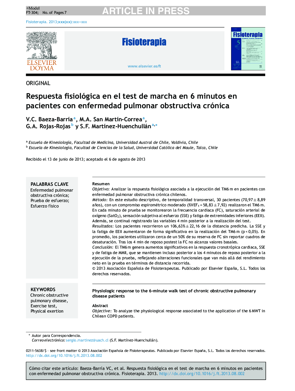 Respuesta fisiológica en el test de marcha en 6 minutos en pacientes con enfermedad pulmonar obstructiva crónica