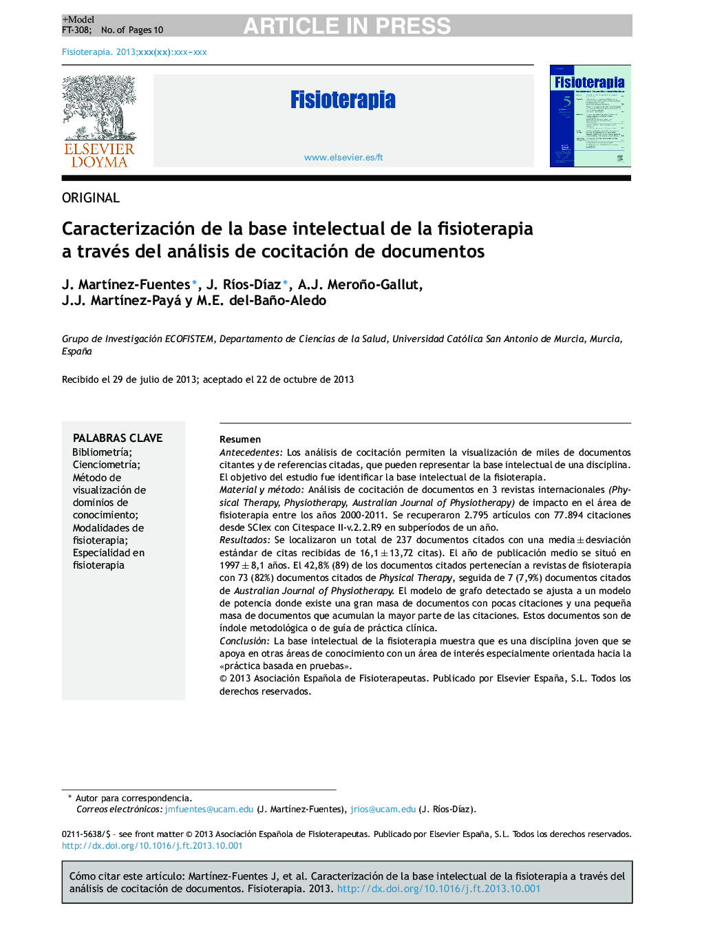 Caracterización de la base intelectual de la fisioterapia a través del análisis de cocitación de documentos