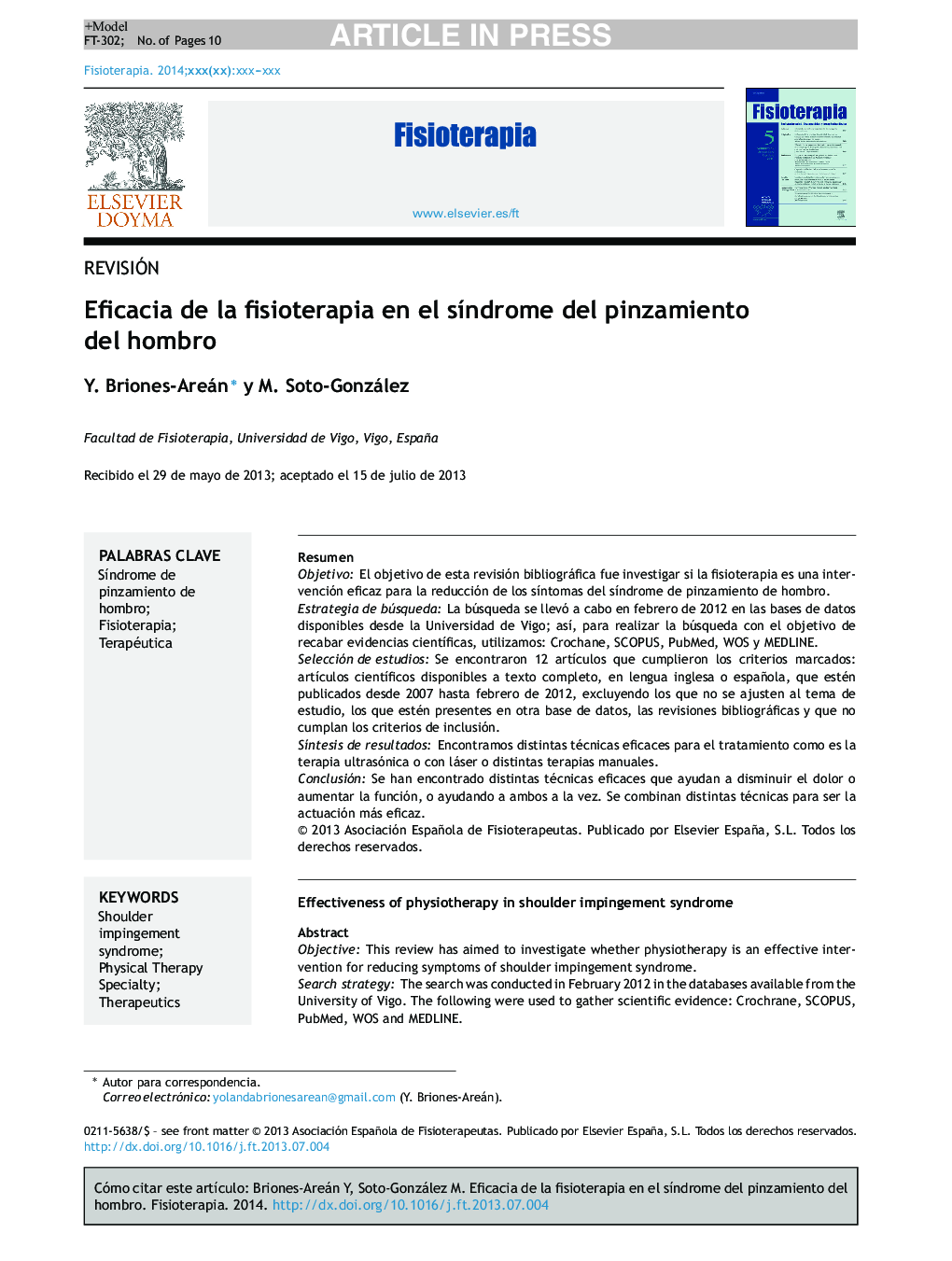 Eficacia de la fisioterapia en el sÃ­ndrome del pinzamiento del hombro