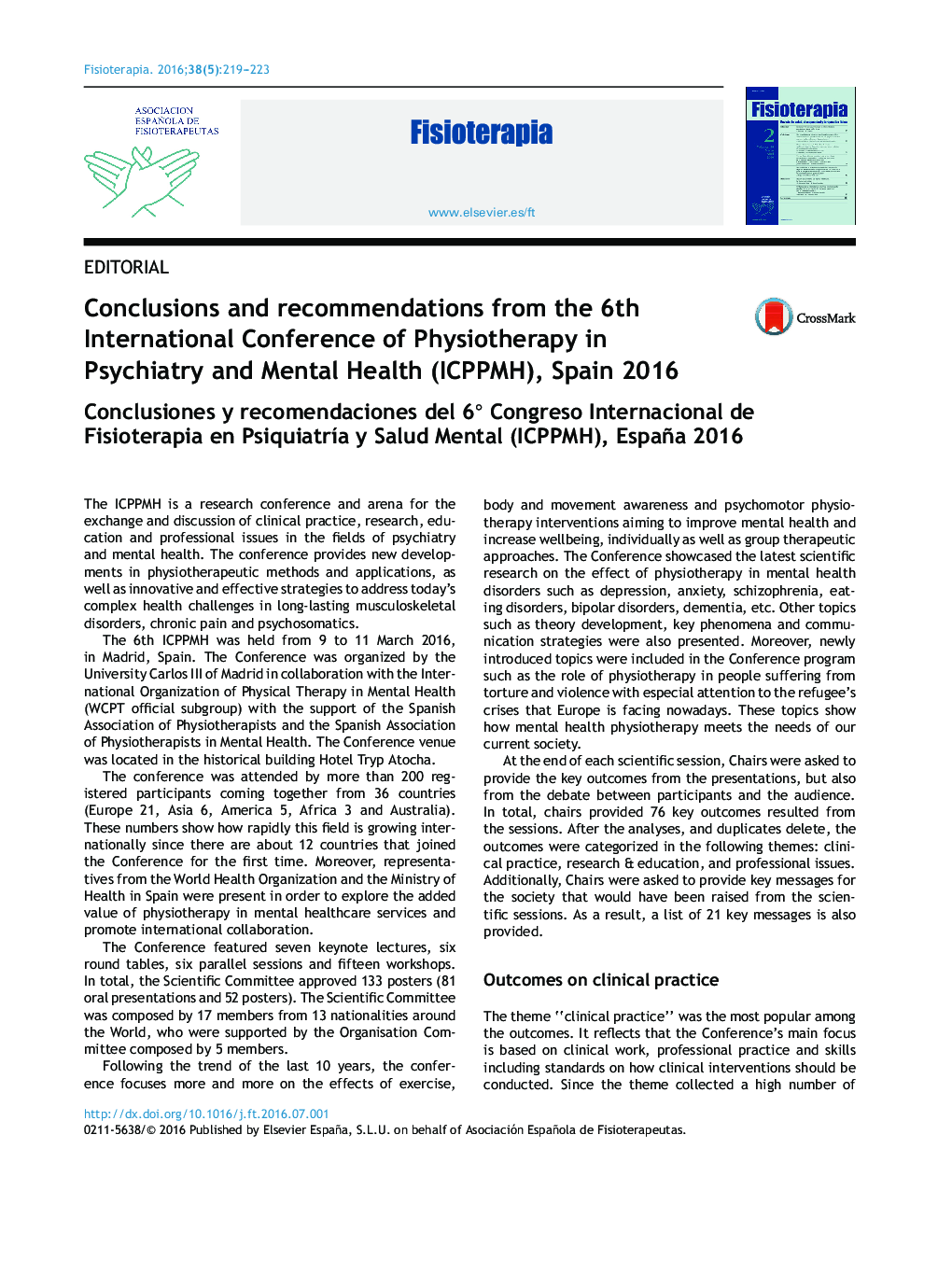 Conclusions and recommendations from the 6th International Conference of Physiotherapy in Psychiatry and Mental Health (ICPPMH), Spain 2016