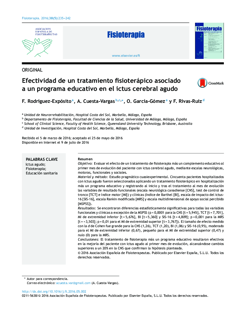 Efectividad de un tratamiento fisioterápico asociado a un programa educativo en el ictus cerebral agudo