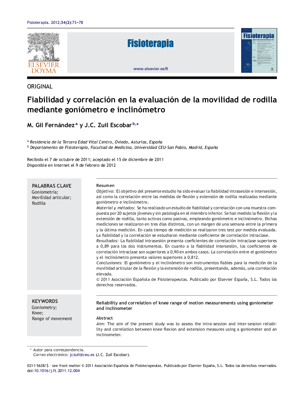 Fiabilidad y correlación en la evaluación de la movilidad de rodilla mediante goniómetro e inclinómetro