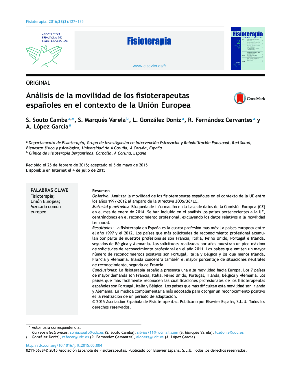 Análisis de la movilidad de los fisioterapeutas españoles en el contexto de la Unión Europea