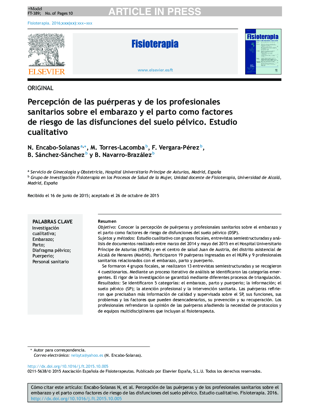 Percepción de las puérperas y de los profesionales sanitarios sobre el embarazo y el parto como factores de riesgo de las disfunciones del suelo pélvico. Estudio cualitativo