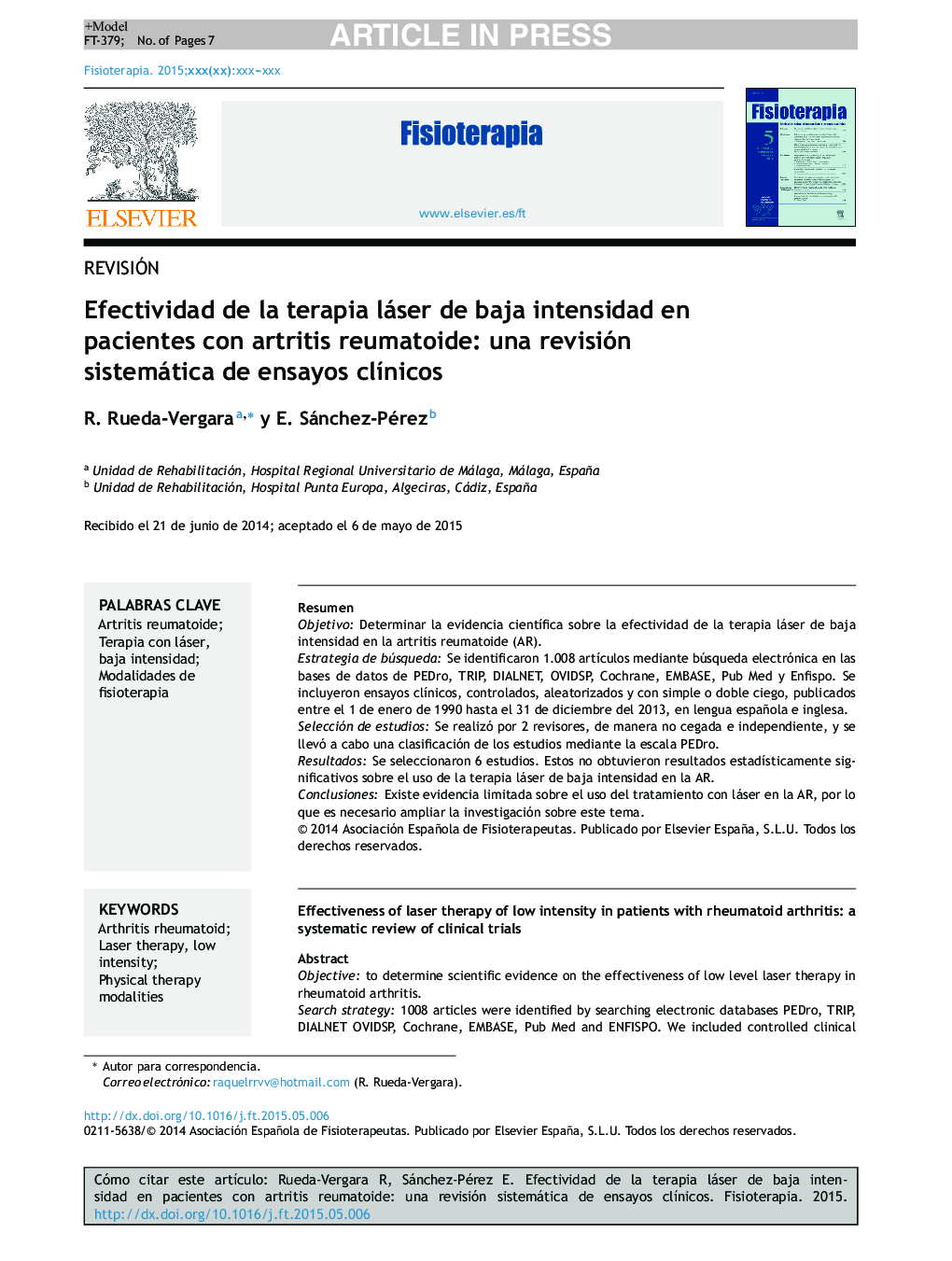 Efectividad de la terapia láser de baja intensidad en pacientes con artritis reumatoide: una revisión sistemática de ensayos clÃ­nicos