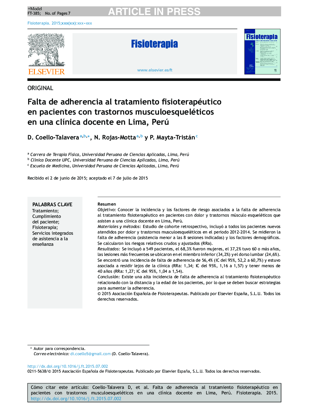 Falta de adherencia al tratamiento fisioterapéutico en pacientes con trastornos musculoesqueléticos en una clÃ­nica docente en Lima, Perú