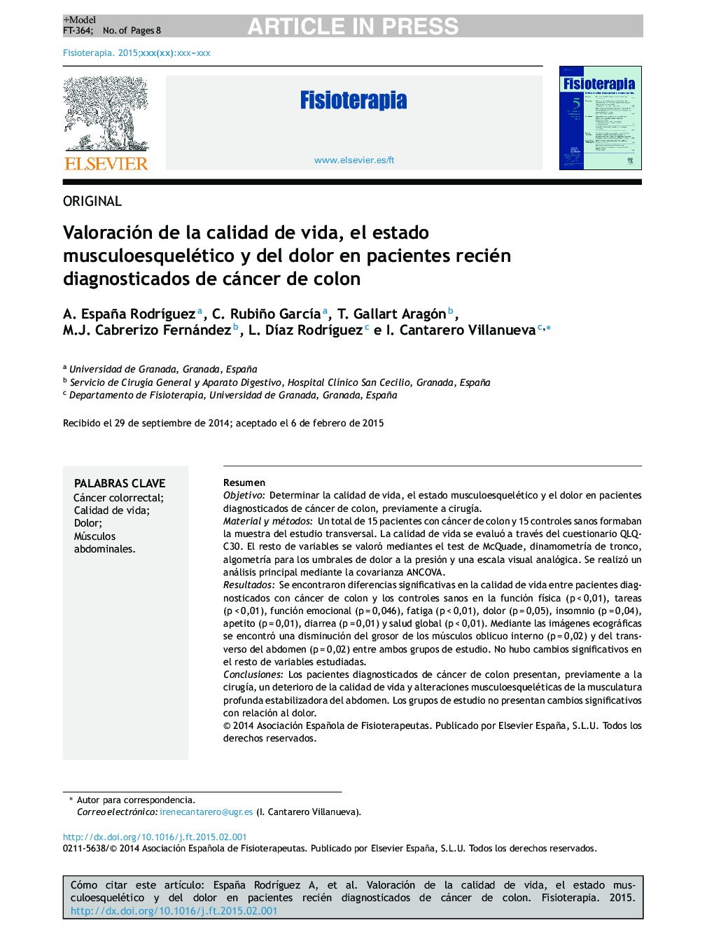 Valoración de la calidad de vida, el estado musculoesquelético y del dolor en pacientes recién diagnosticados de cáncer de colon