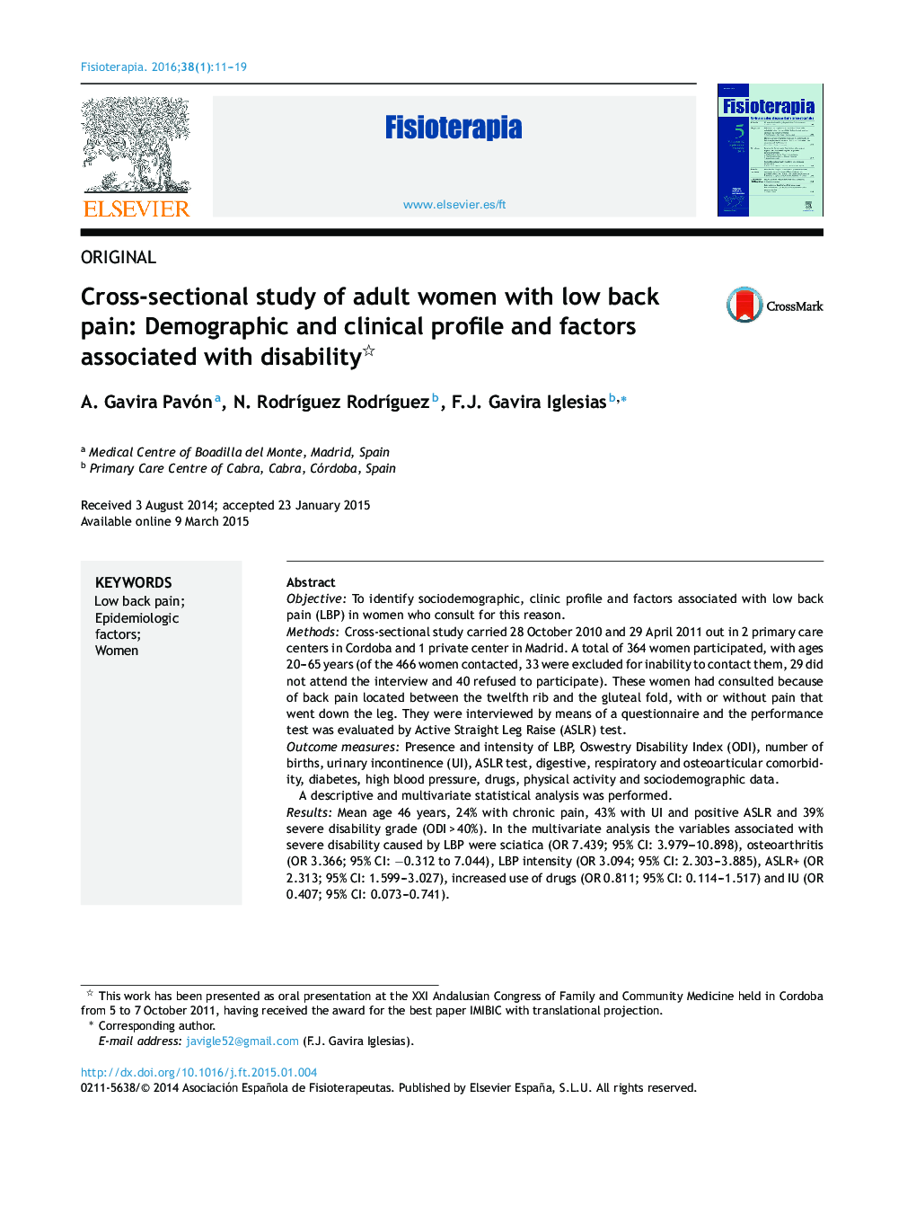 Cross-sectional study of adult women with low back pain: Demographic and clinical profile and factors associated with disability