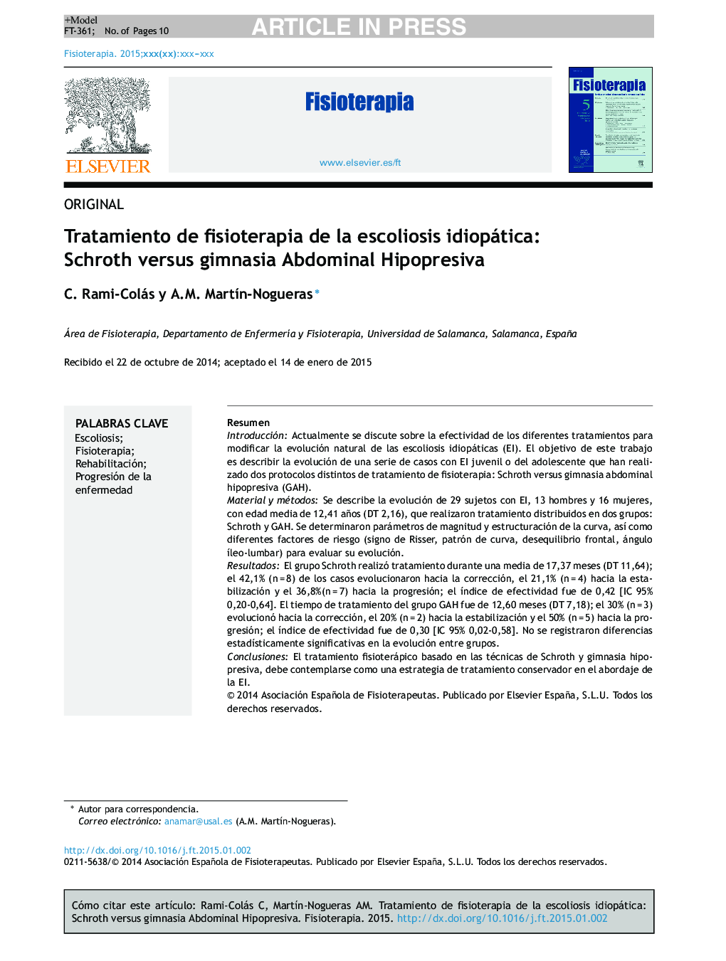 Tratamiento de fisioterapia de la escoliosis idiopática: Schroth versus gimnasia Abdominal Hipopresiva