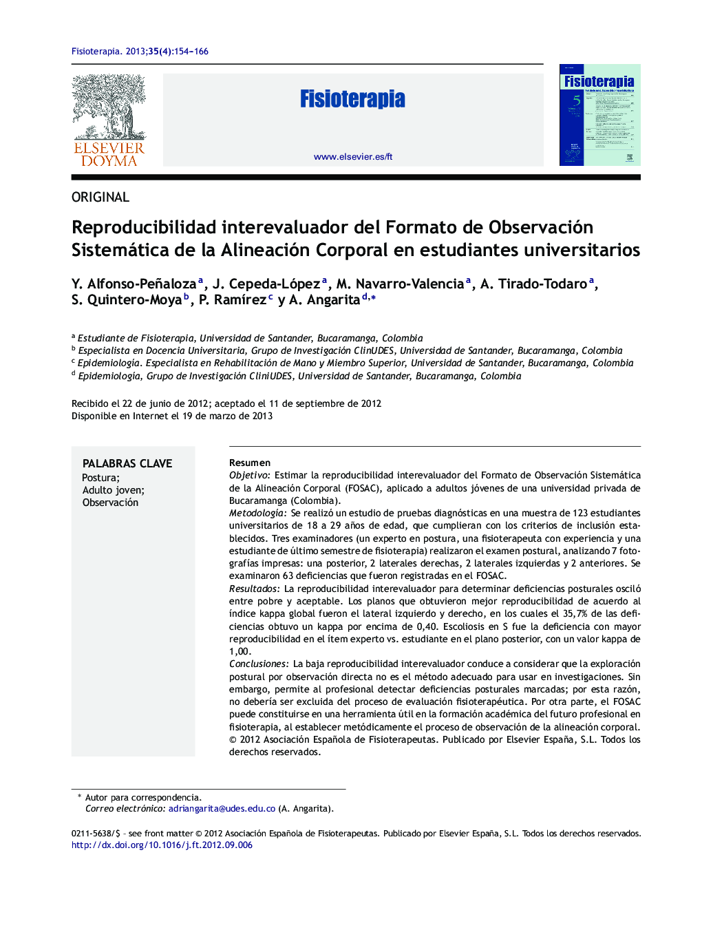 Reproducibilidad interevaluador del Formato de Observación Sistemática de la Alineación Corporal en estudiantes universitarios