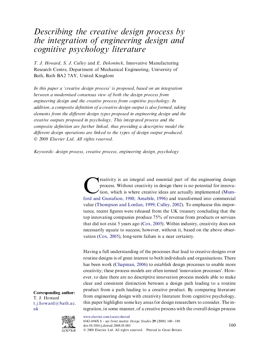 Describing the creative design process by the integration of engineering design and cognitive psychology literature