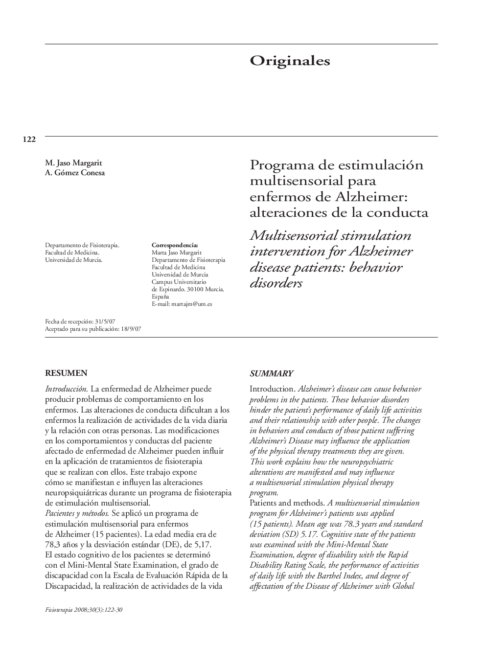 Programa de estimulación multisensorial para enfermos de Alzheimer: alteraciones de la conducta