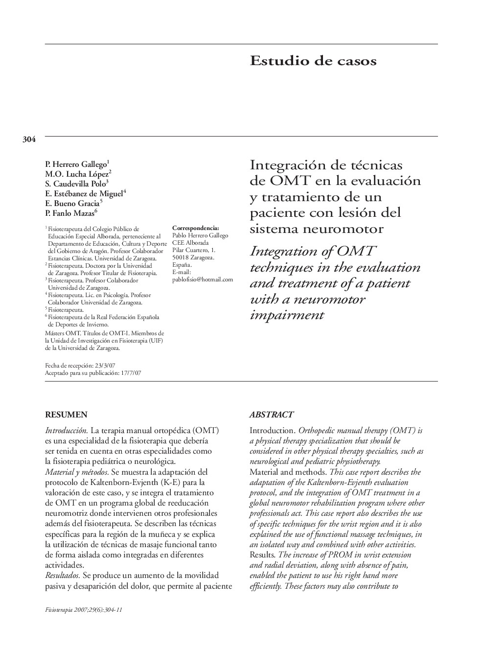 Integración de técnicas de OMT en la evaluación y tratamiento de un paciente con lesión del sistema neuromotor