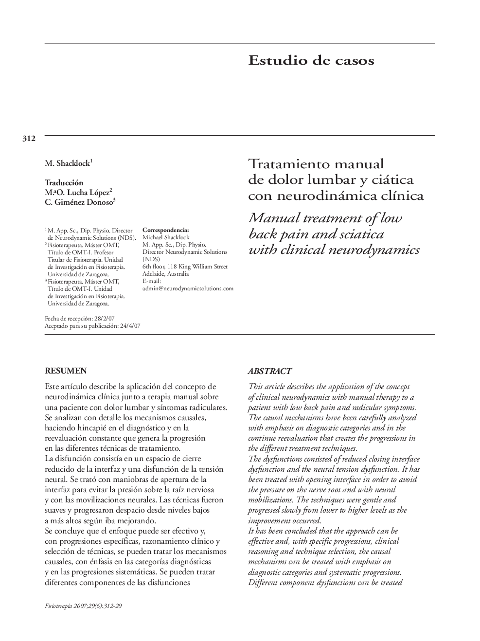 Tratamiento manual de dolor lumbar y ciática con neurodinámica clÃ­nica