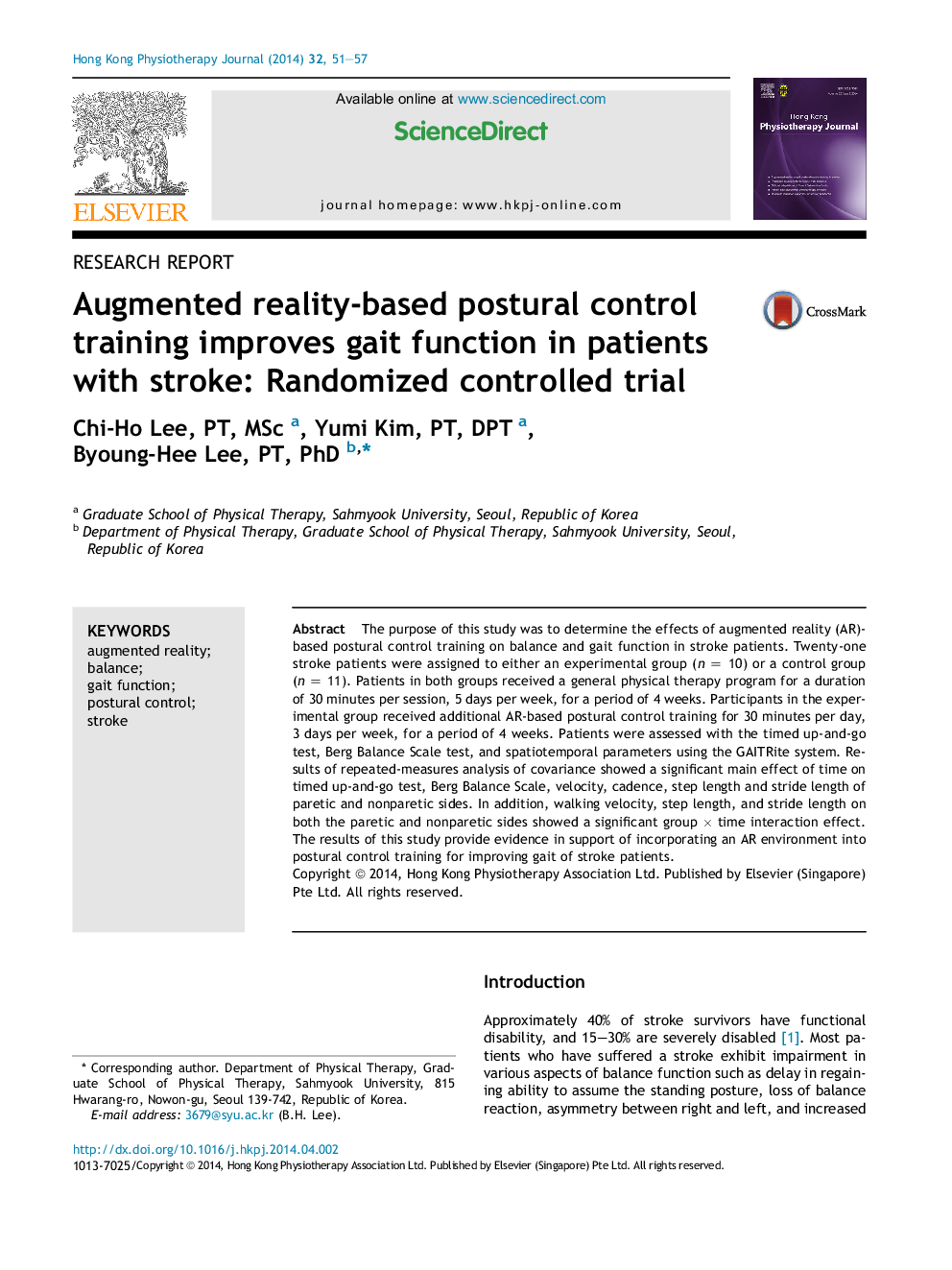 Augmented reality-based postural control training improves gait function in patients with stroke: Randomized controlled trial