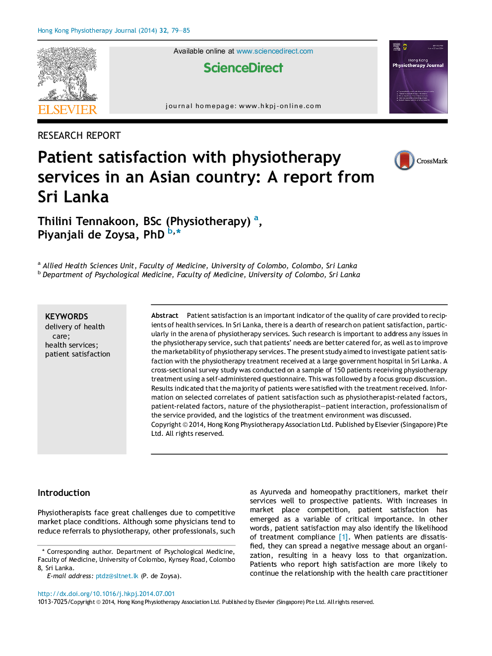 Patient satisfaction with physiotherapy services in an Asian country: A report from Sri Lanka