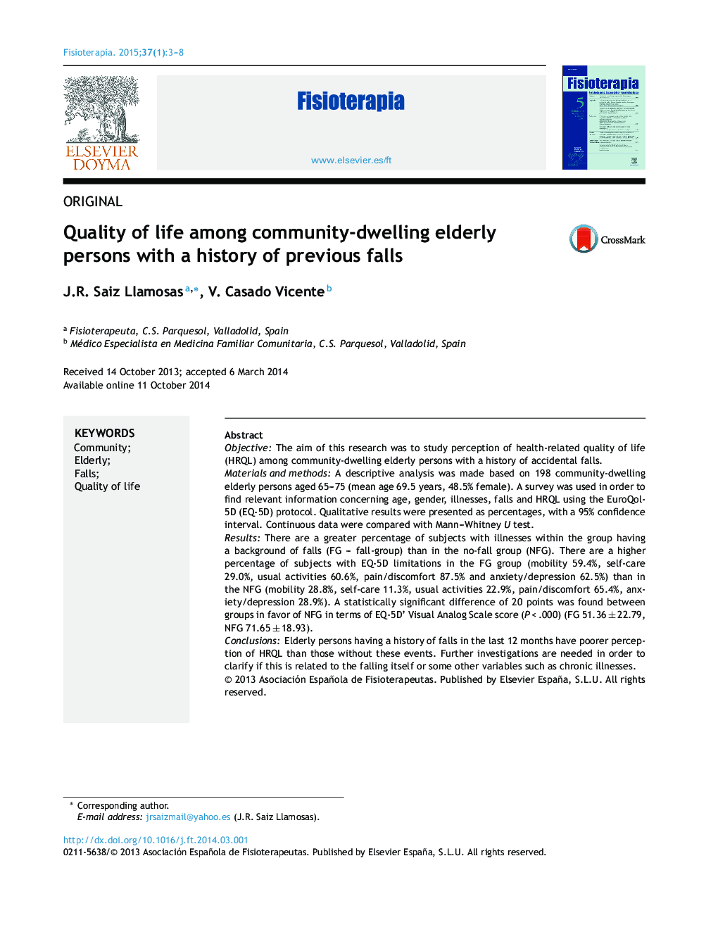 Quality of life among community-dwelling elderly persons with a history of previous falls