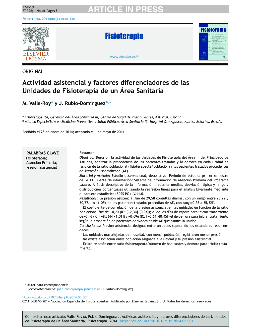 Actividad asistencial y factores diferenciadores de las Unidades de Fisioterapia de un Área Sanitaria