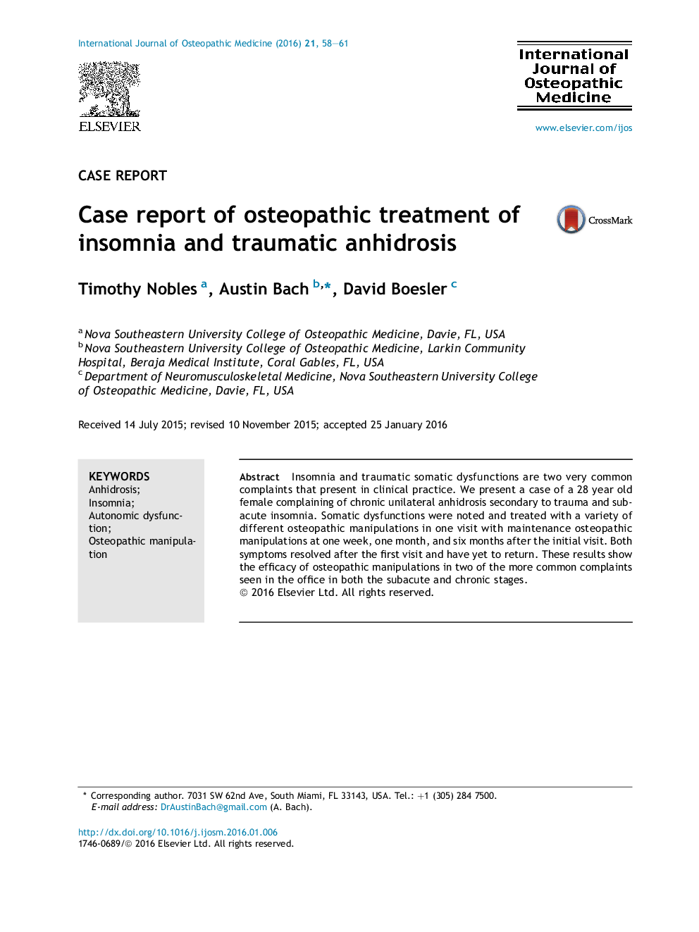 Case report of osteopathic treatment of insomnia and traumatic anhidrosis