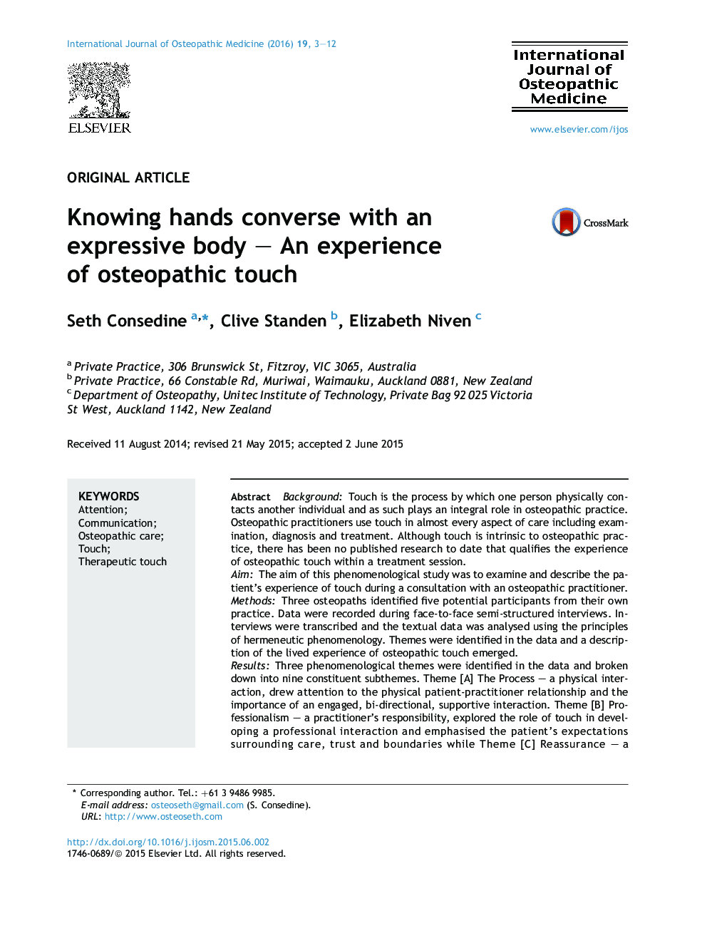 Knowing hands converse with an expressive body – An experience of osteopathic touch