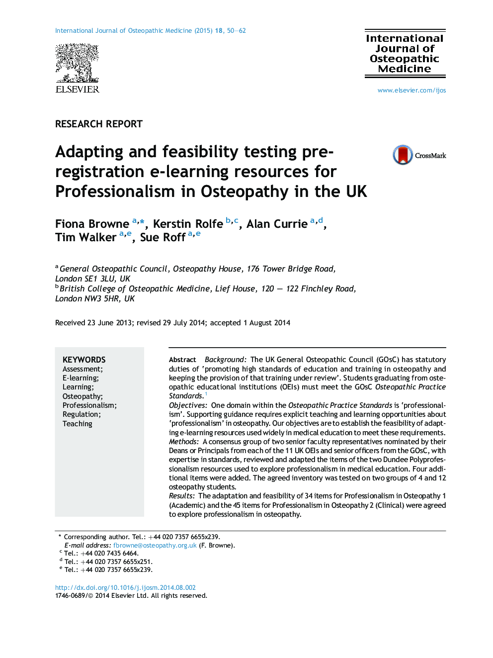 Adapting and feasibility testing pre-registration e-learning resources for Professionalism in Osteopathy in the UK