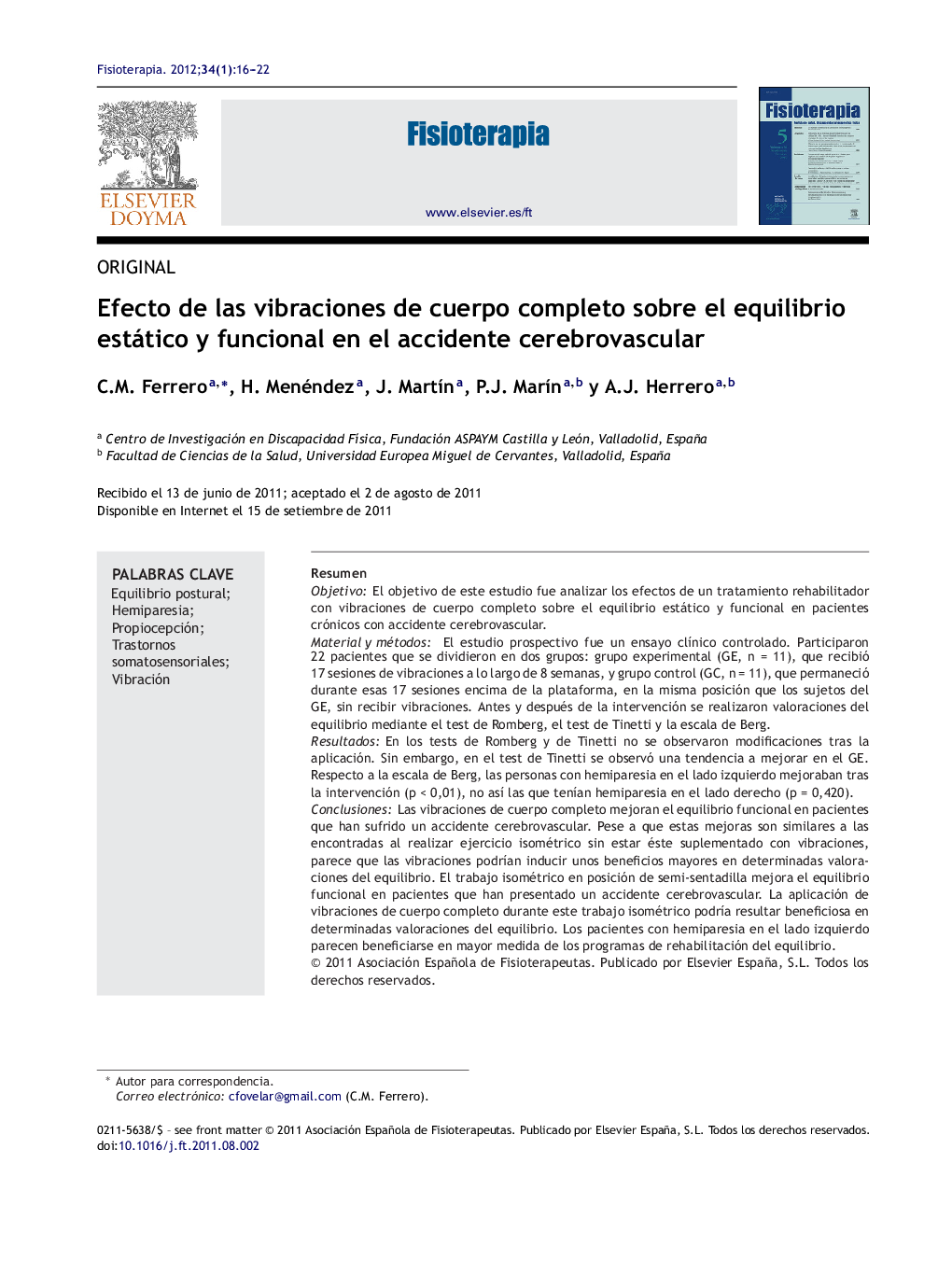 Efecto de las vibraciones de cuerpo completo sobre el equilibrio estático y funcional en el accidente cerebrovascular