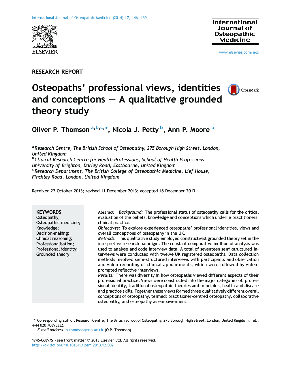 Osteopaths' professional views, identities and conceptions – A qualitative grounded theory study