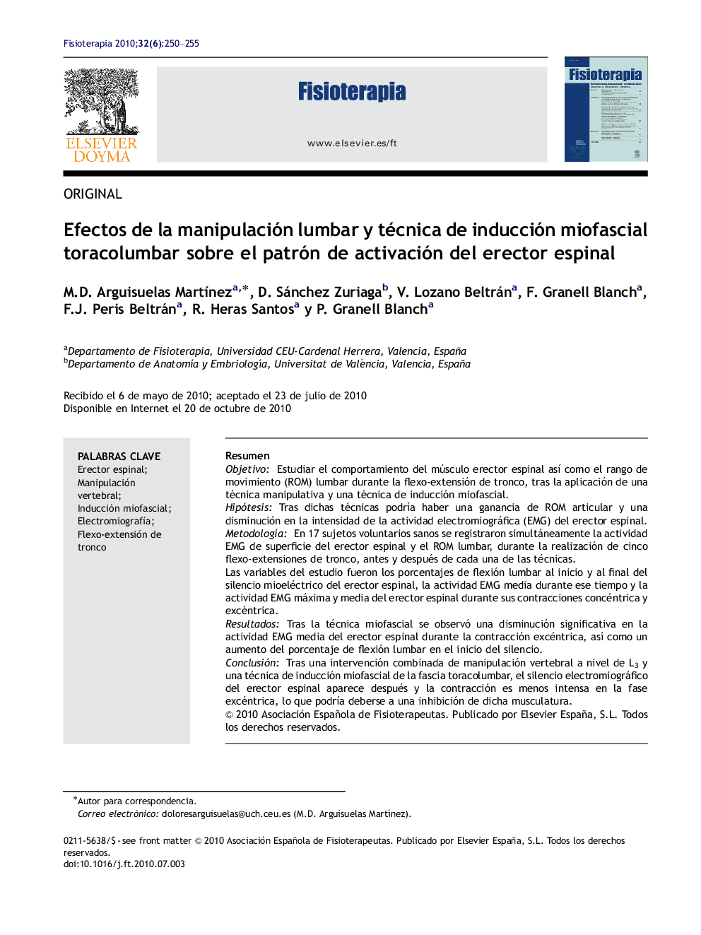 Efectos de la manipulación lumbar y técnica de inducción miofascial toracolumbar sobre el patrón de activación del erector espinal