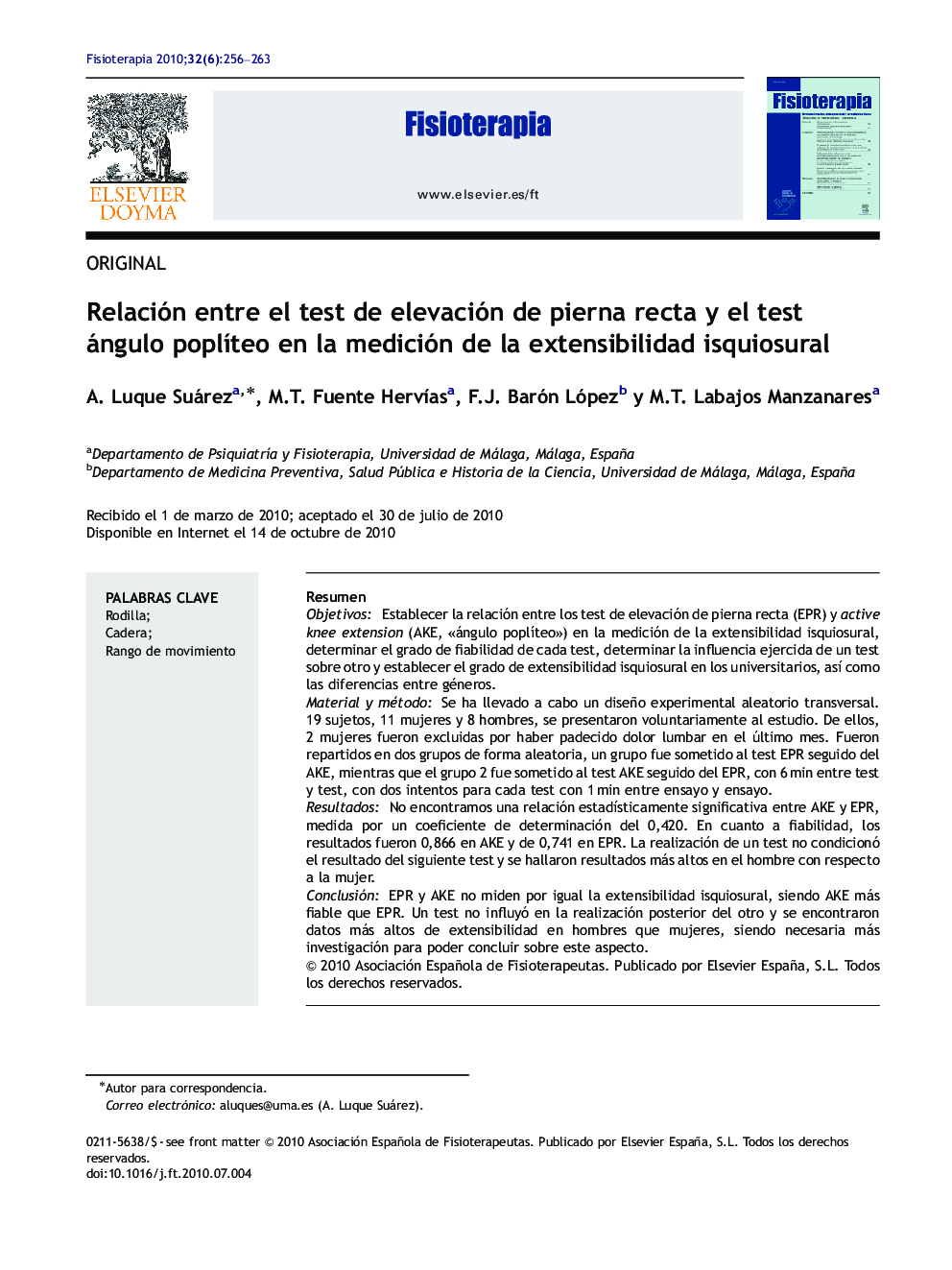 Relación entre el test de elevación de pierna recta y el test ángulo poplÃ­teo en la medición de la extensibilidad isquiosural