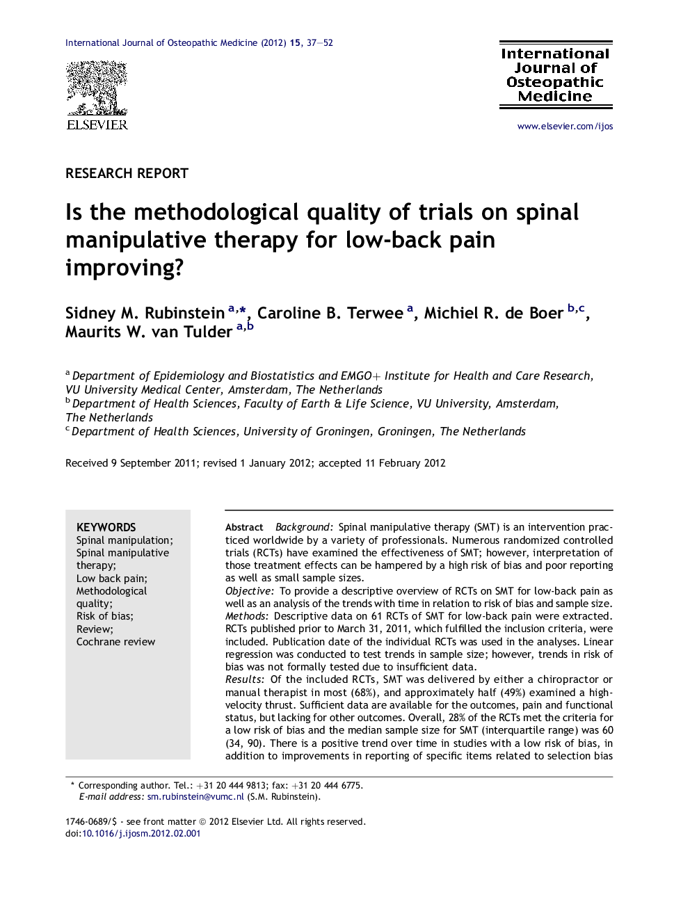 Is the methodological quality of trials on spinal manipulative therapy for low-back pain improving?