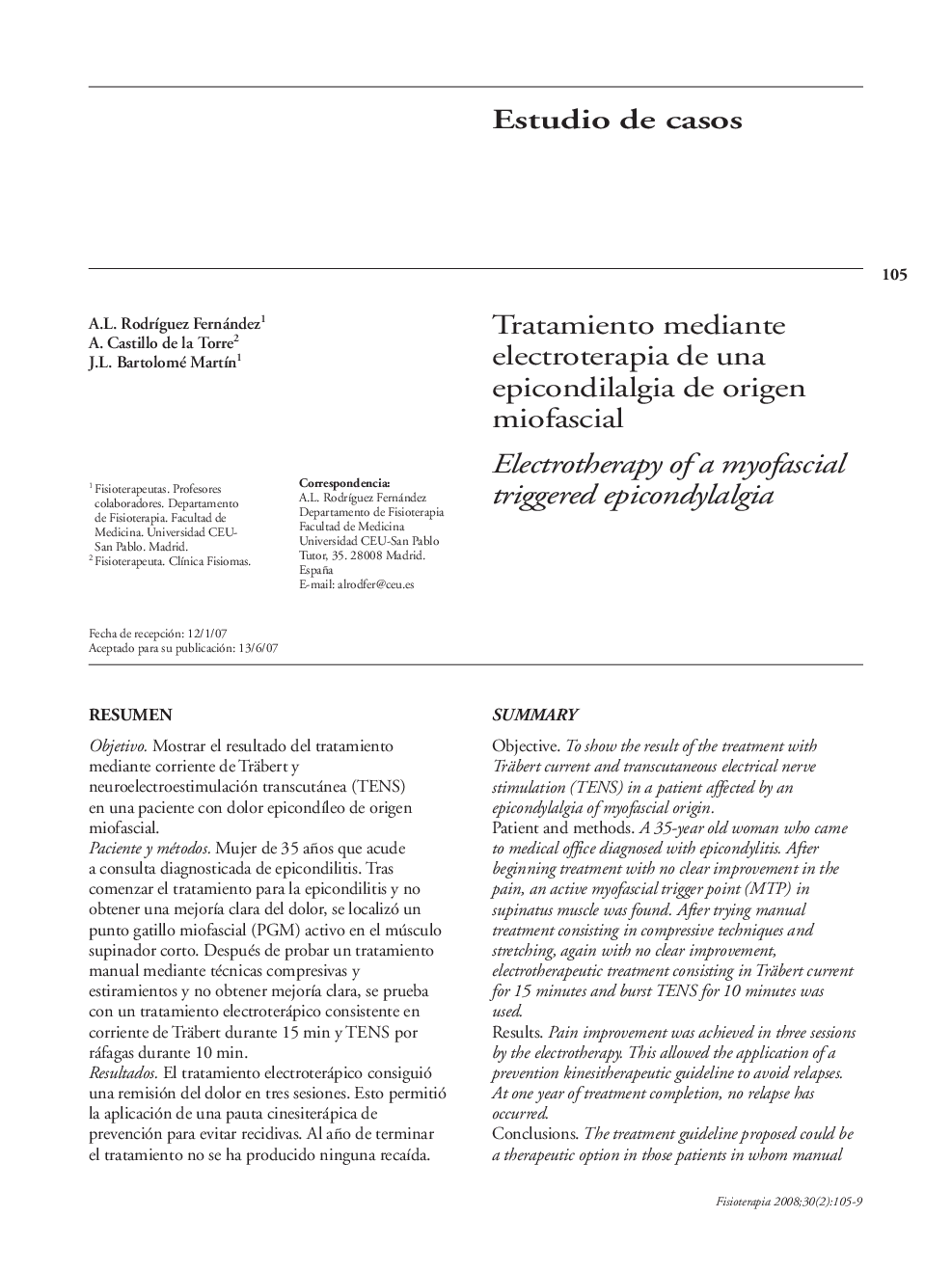 Tratamiento mediante electroterapia de una epicondilalgia de origen miofascial