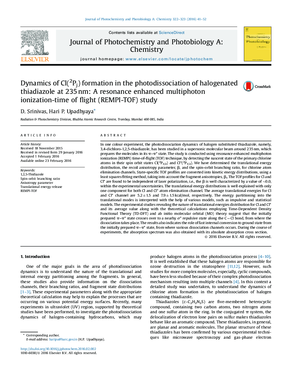 Dynamics of Cl(2Pj) formation in the photodissociation of halogenated thiadiazole at 235 nm: A resonance enhanced multiphoton ionization-time of flight (REMPI-TOF) study