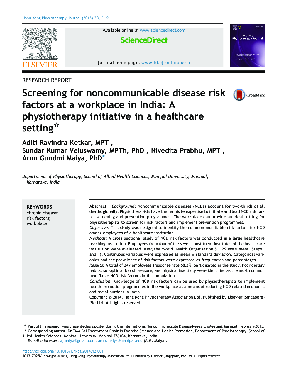 Screening for noncommunicable disease risk factors at a workplace in India: A physiotherapy initiative in a healthcare setting 