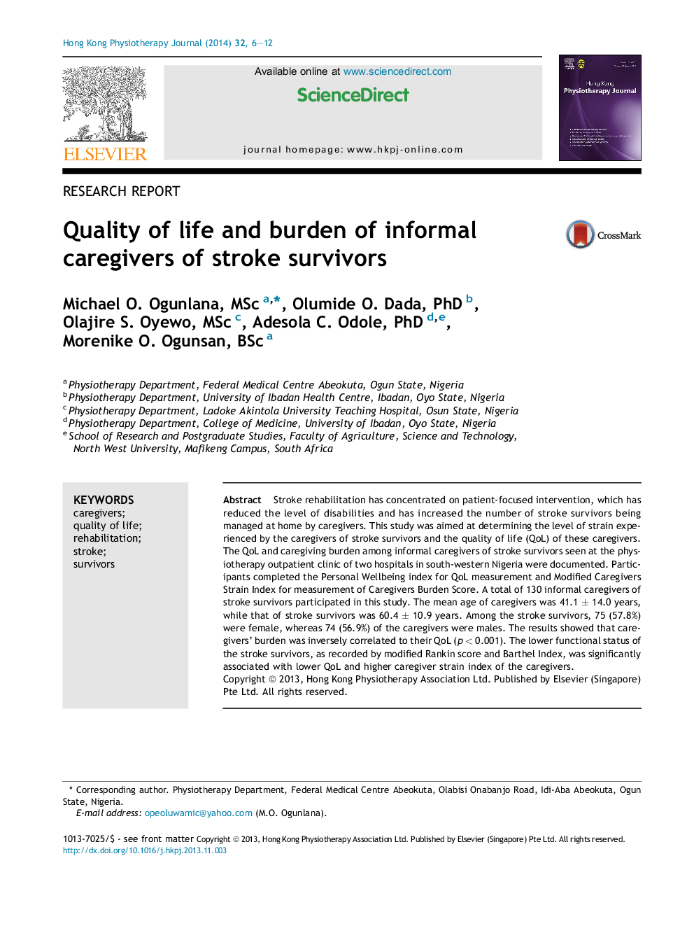 Quality of life and burden of informal caregivers of stroke survivors