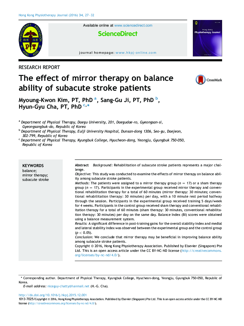 The effect of mirror therapy on balance ability of subacute stroke patients