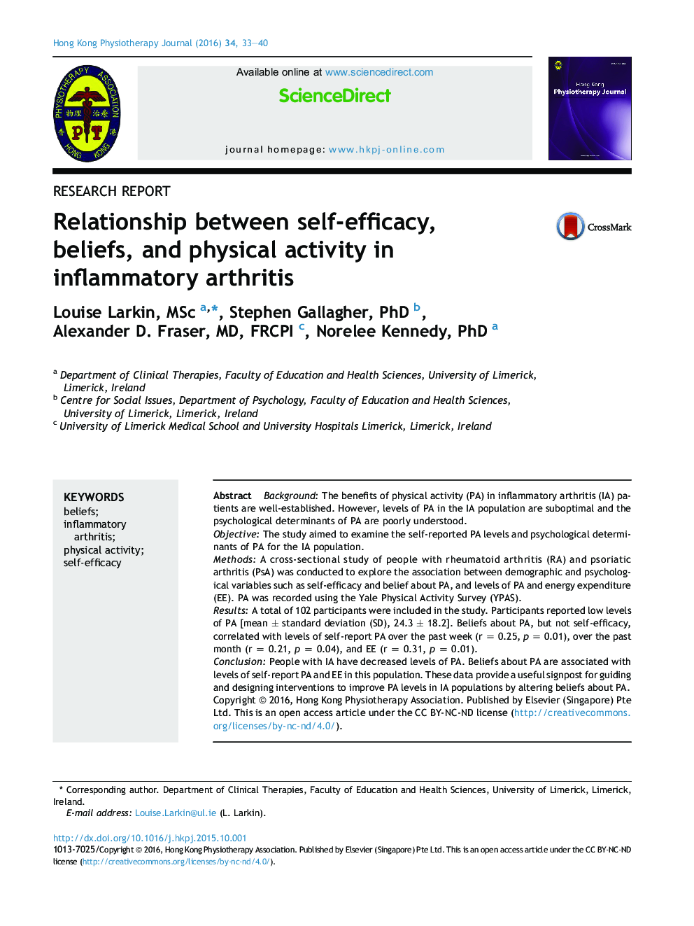 Relationship between self-efficacy, beliefs, and physical activity in inflammatory arthritis