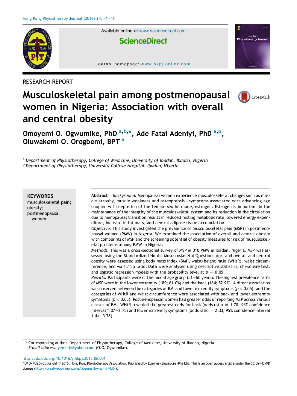 Musculoskeletal pain among postmenopausal women in Nigeria: Association with overall and central obesity