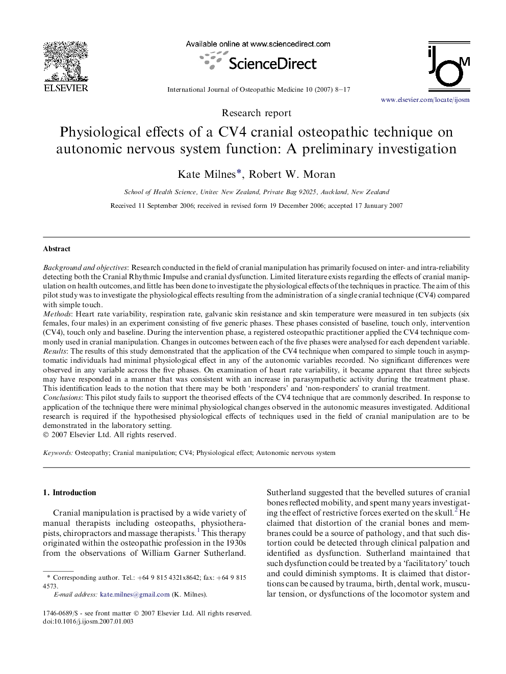 Physiological effects of a CV4 cranial osteopathic technique on autonomic nervous system function: A preliminary investigation