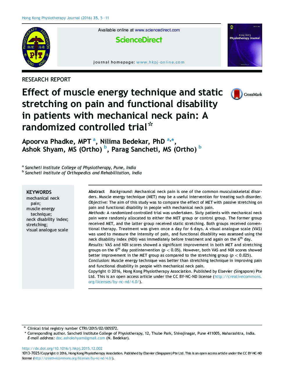 Effect of muscle energy technique and static stretching on pain and functional disability in patients with mechanical neck pain: A randomized controlled trial 