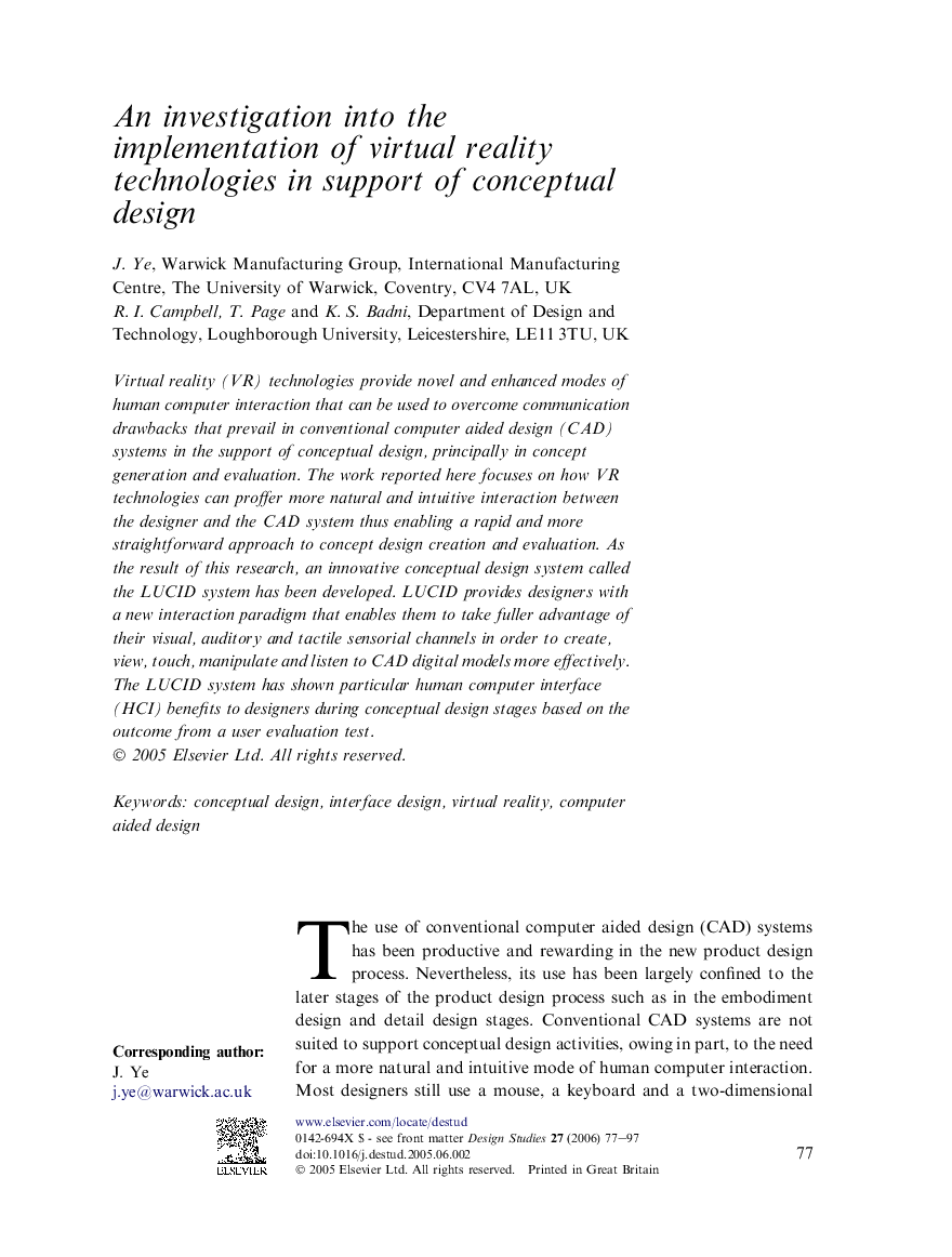 An investigation into the implementation of virtual reality technologies in support of conceptual design