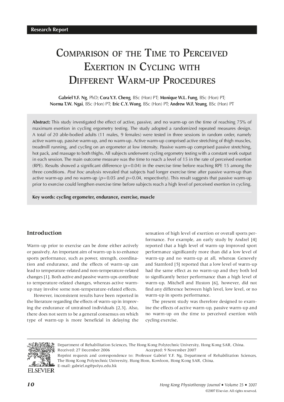 Comparison of the Time to Perceived Exertion in Cycling with Different Warm-Up Procedures
